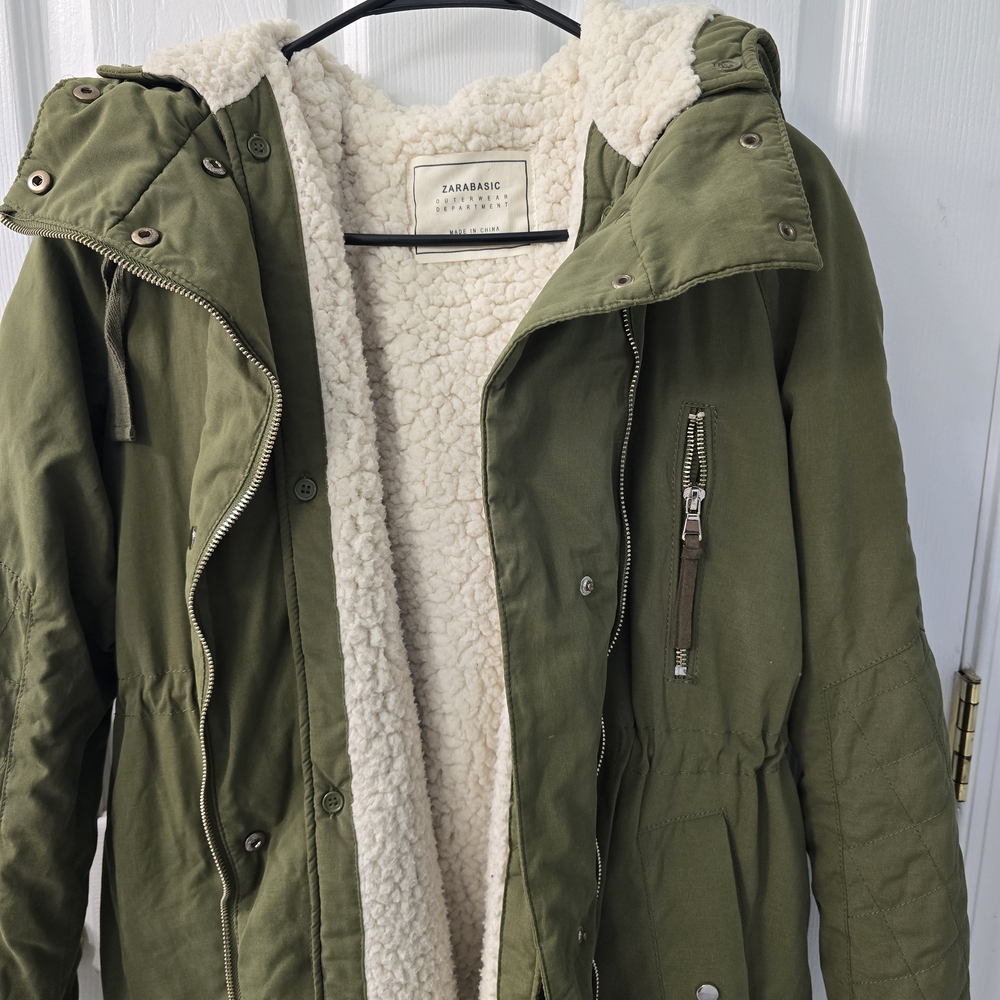 Zara Basic Olive Quilted Jacket with Sherpa Lining